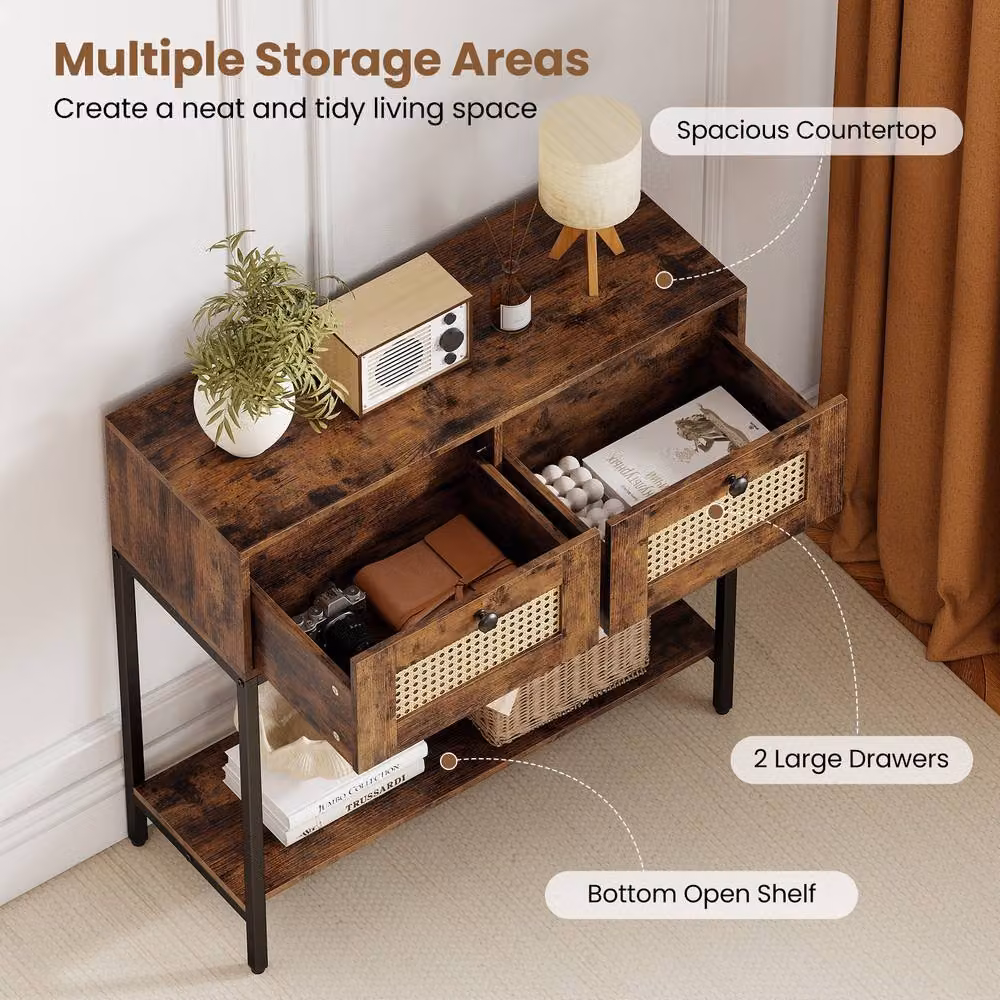 Costway Boho Modern Wooden Console Table with 2 Drawers, Brown – 4