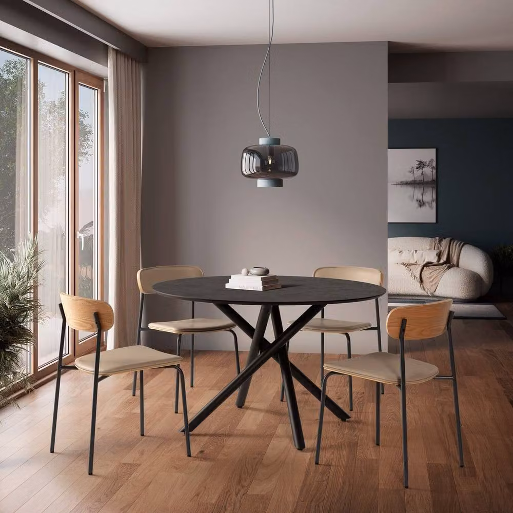 CALICOSY MAYA Round Oak Wood Dining Table with Black Metal Legs, Diameter: 120 cm, Height: 76 cm – 2