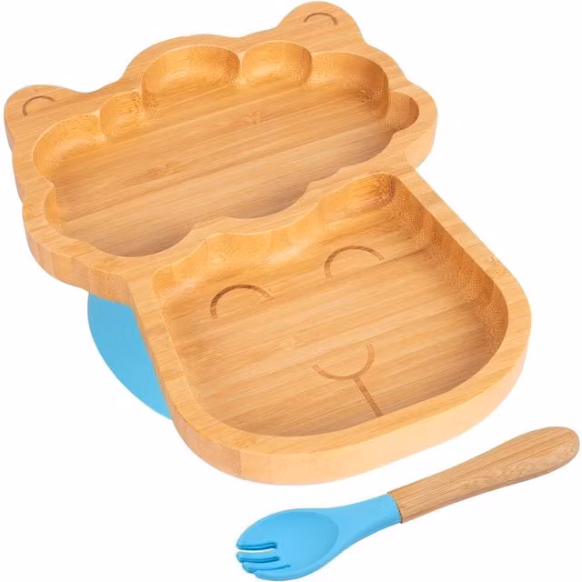 Tiny Dining Bamboo Divided Toddler Weaning Plate and Fork Set in Blue with Llama Design – 1