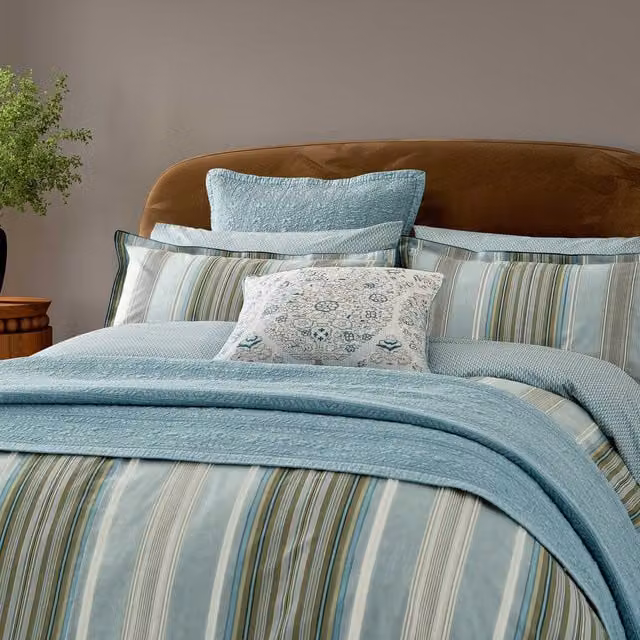 Bedeck of Belfast Oscar Reversible Striped Cotton Percale Duvet Cover and Pillowcase Set, Petrol Blue and Green, 180 x 200 cm