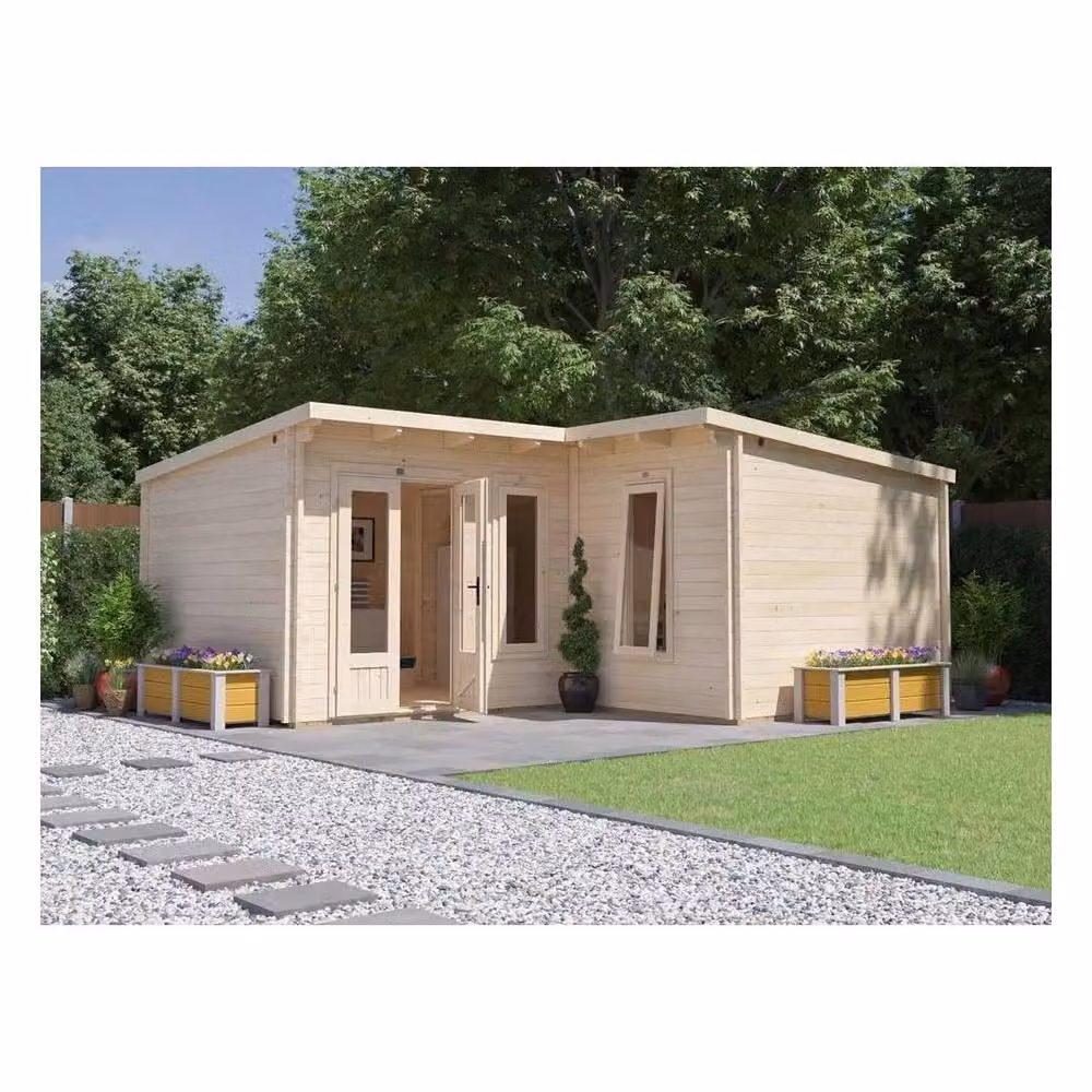 Dunster House HellWolf L-Shaped Log Cabin with Pent Roof in Brown, W: 6 m, D: 5 m – 4