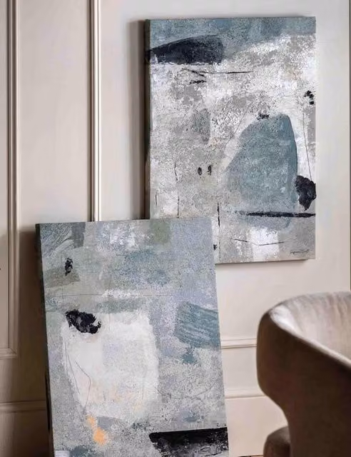 Gallery Direct Set of 2 Insight Abstract Canvas Wall Art in Duck Egg Blue, Grey, Beige and Black