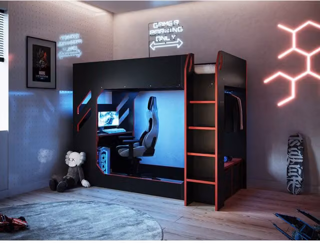 Recoil Shuttle LED Gaming High Sleeper Single in Black and Red – 1
