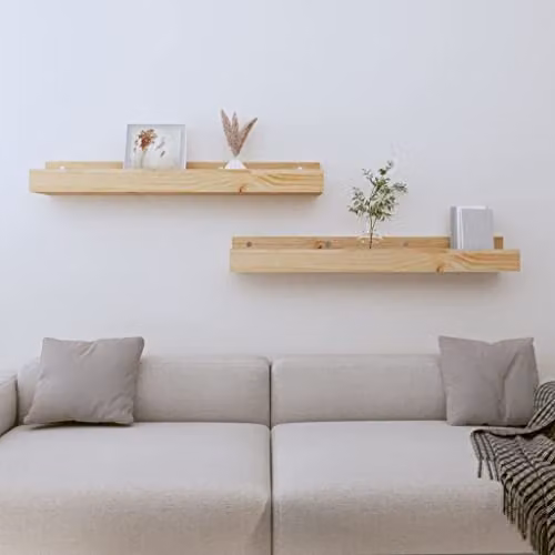 vidaXL Set of 2 Natural Solid Wood Pine Wall Shelves, W: 80 cm, D: 12 cm, H: 9 cm – 2