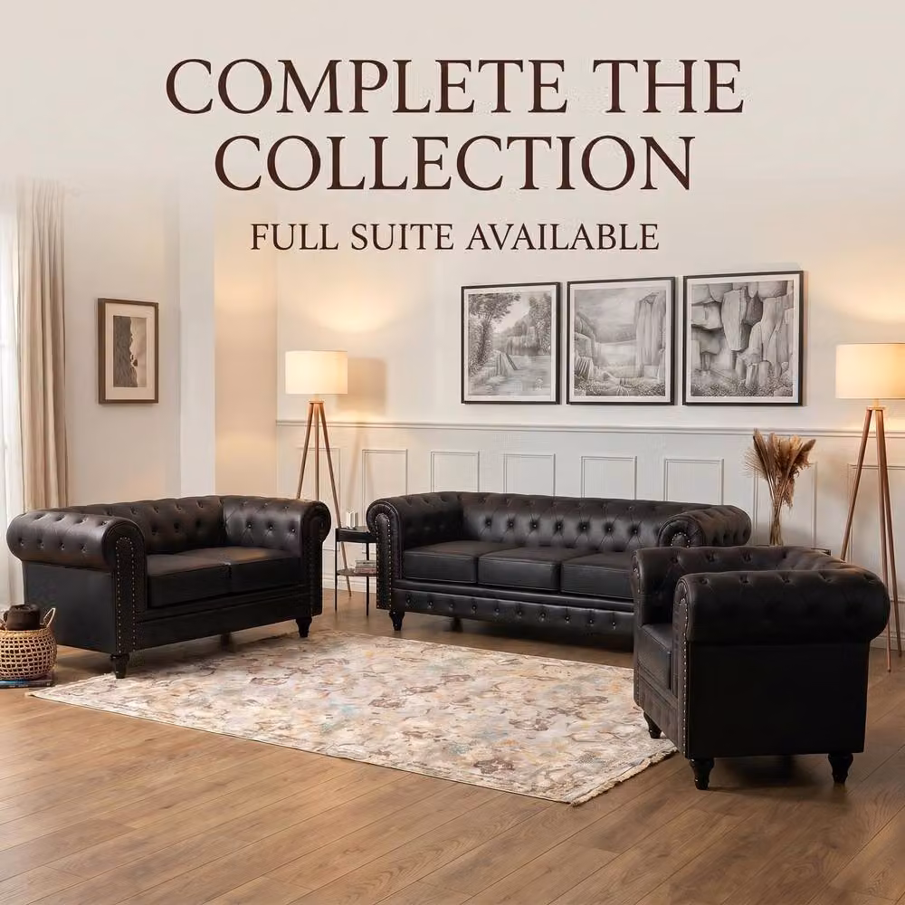 Bravich LTD Chesterfield Scroll Arm Faux Leather Settee, 2 Pack, Black – 6