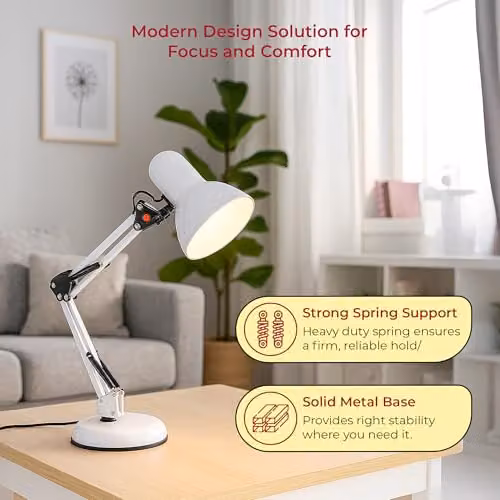 Innoteck Swing Arm Desk Lamp in White, Adjustable Metal Architect-Style Task Lamp with E27 Socket and Stable Base – 4