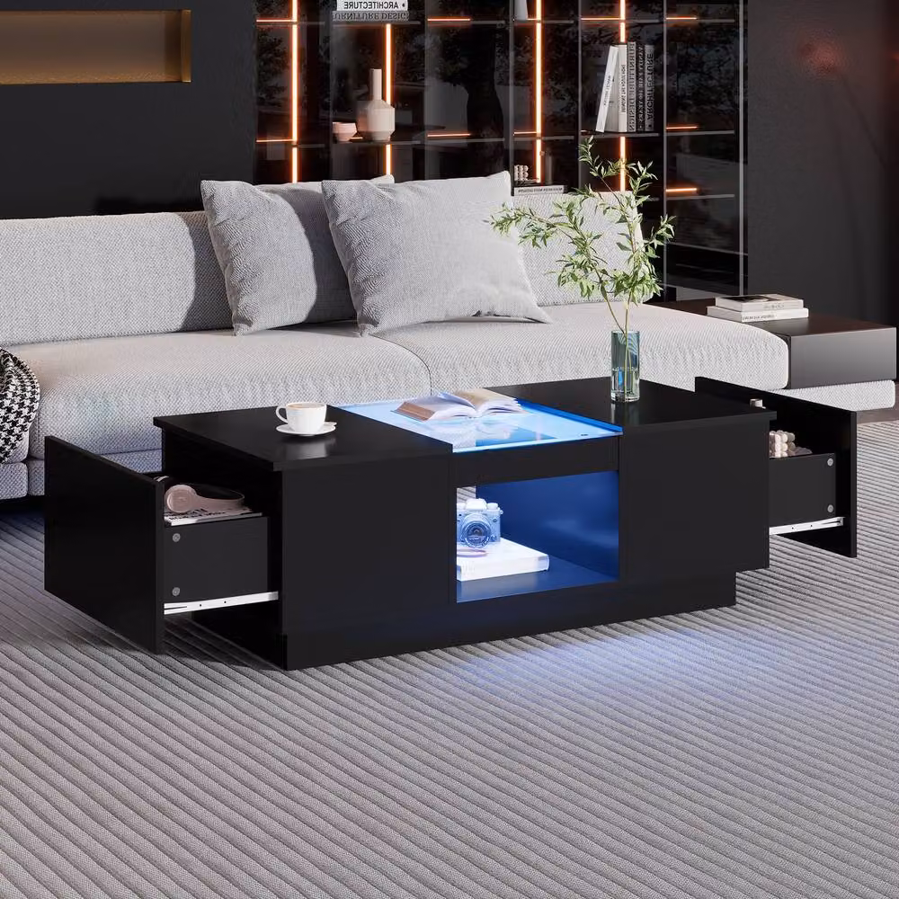 STILVORA Modern Black Rectangular Coffee Table with LED Lights and 2 Drawers – 2