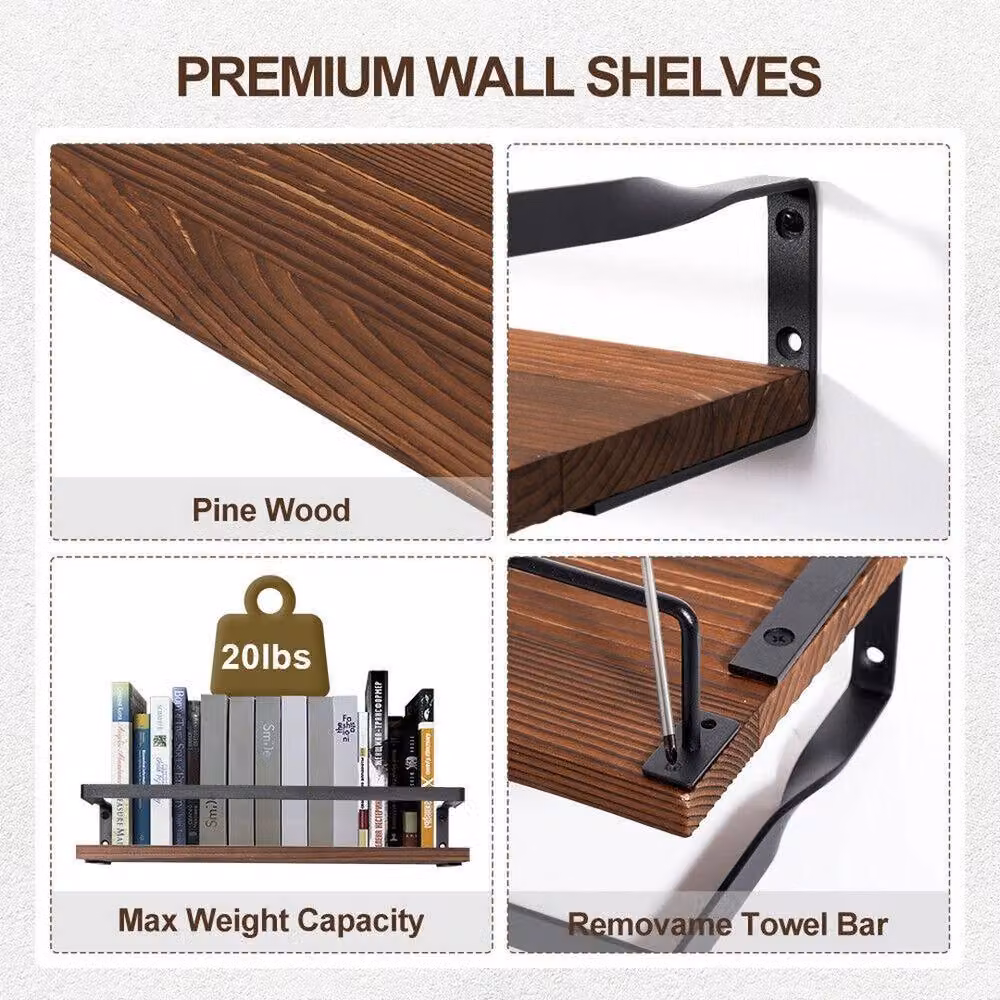 Havendro 2-Piece Brown Wooden Floating Wall Shelves with Hooks – 3