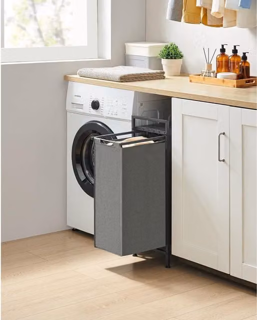 The Bazaarist Laundry Hamper with Pull-Out Removable Bag and Integrated Storage Shelf in Grey and Charcoal Grey