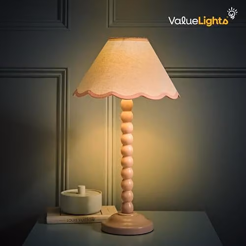 ValueLights Rose Pink Bobbin Stem Table Lamp with Blue Trim Scallop Fabric Shade and Black Wood Base – 3