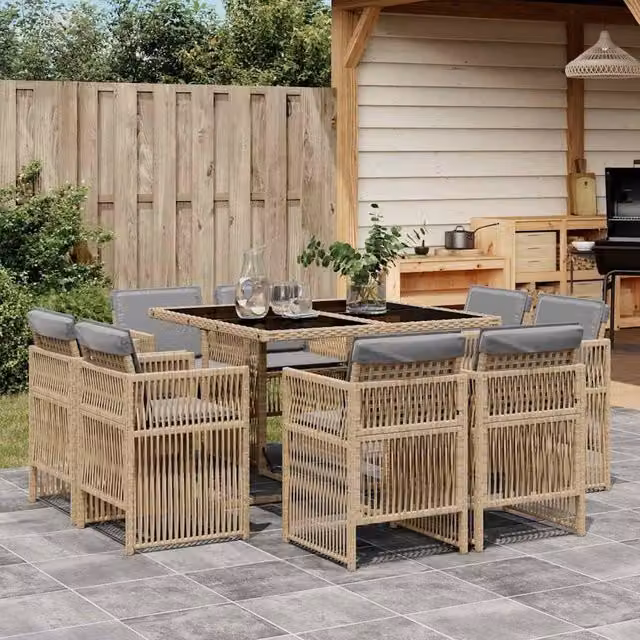 Berkfield Home 9 Piece Poly Rattan Garden Dining Set with Beige Cushions – 1