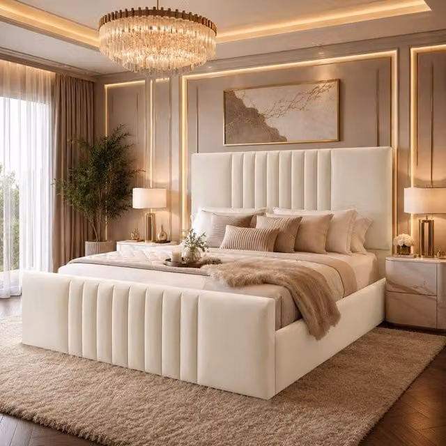 Desire Deco Ashley Upholstered Plush Velvet Panel Bed Frame in Beige, Super King (W: 200 cm, L: 200 cm) – 1