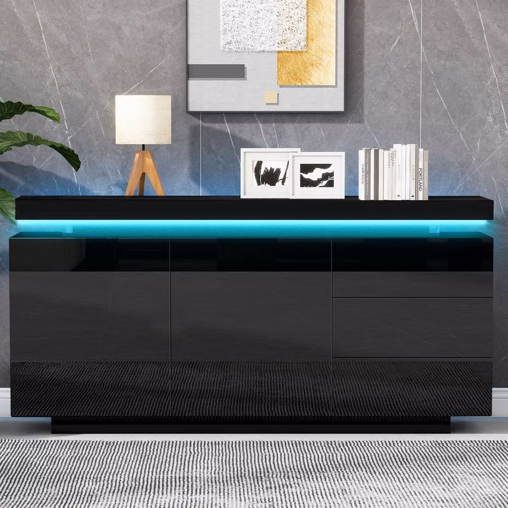 Merax Modern High Gloss LED Sideboard Cabinet in Black with 3 Drawers and 2 Doors – 2