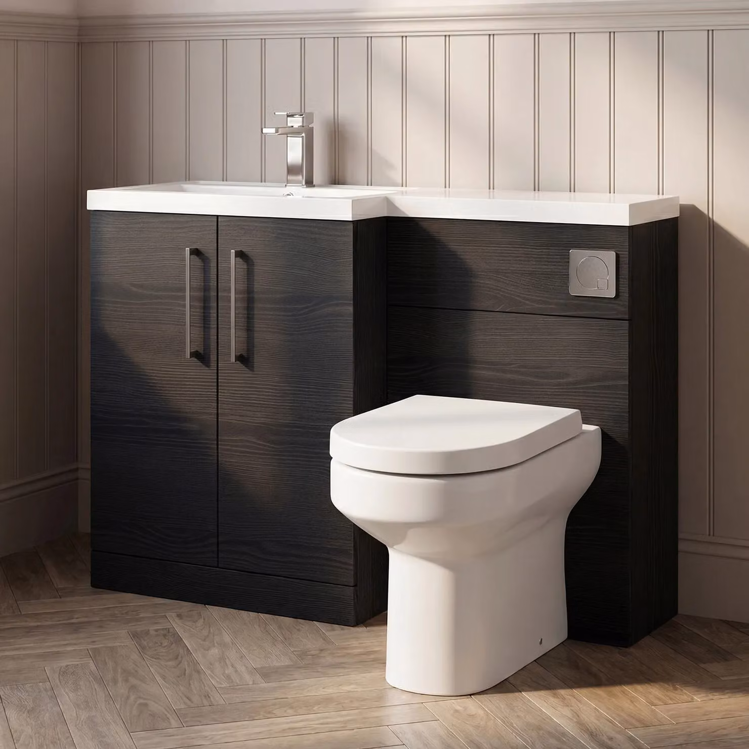 Balterley Modern Freestanding Floor Standing Vanity Basin and WC Unit in Matt Charcoal Black Woodgrain – 3