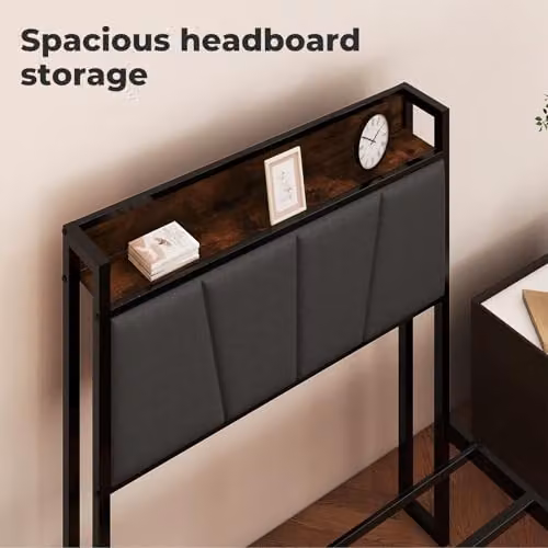 Levede Modern Upholstered Metal Bed Frame with Side Compartments and Bedside Shelf in Brown, W/D/H: 90.5 x 190 x 30 cm – 11