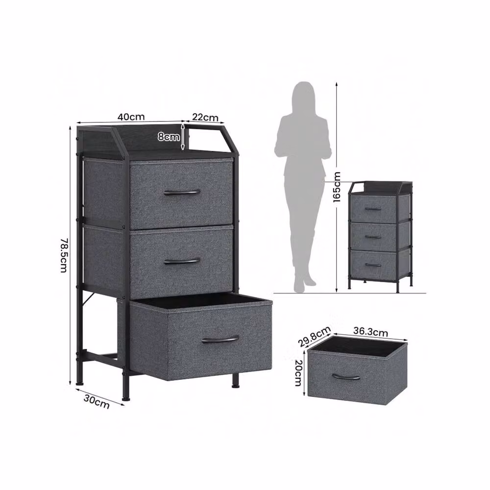 VOGREX Modern 3 Drawer Bedroom Storage Chest with Steel Frame in Dark Grey – 6