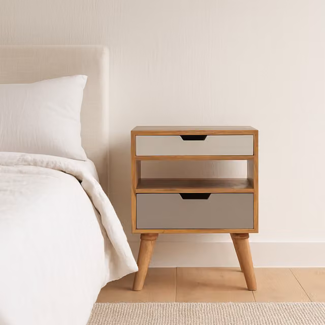 Artisan Furniture Mango Wood Scandinavian Cut-out Bedside Table in Grey, White and Brown