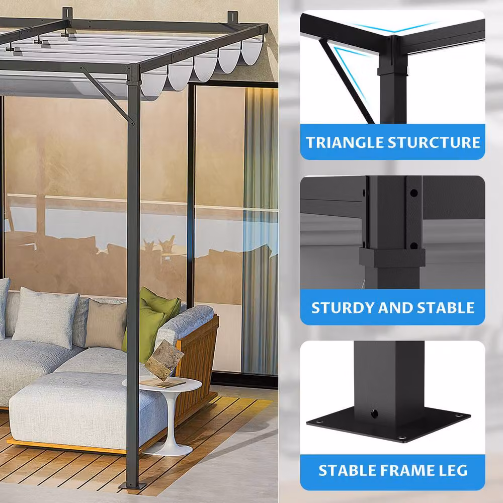 Gartistgo Grey Lean-To Pent Pergola with Retractable Polyester Roof Canopy – 3