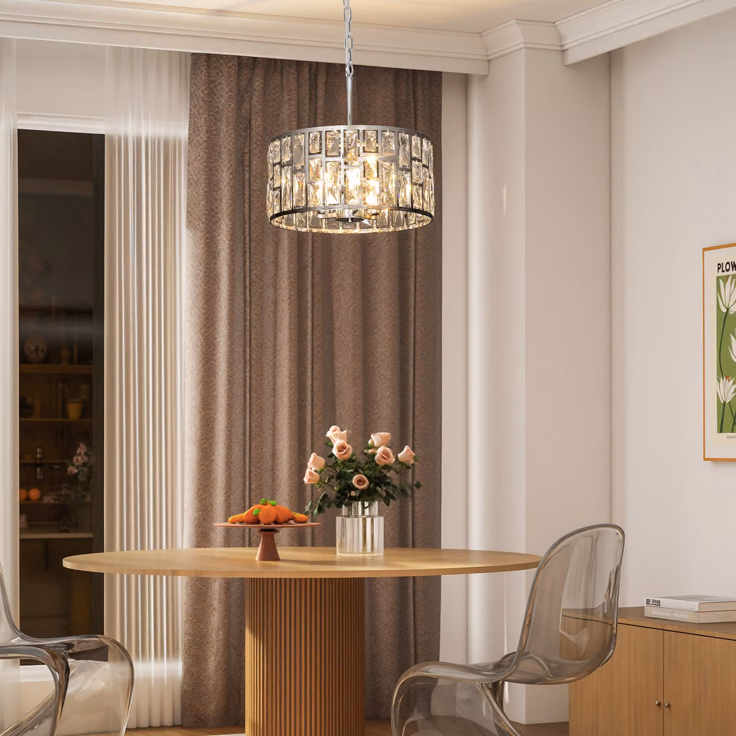 HOMCOM Silver-Tone Glass and Metal Crystallite Chandelier with Height Adjustment – 5
