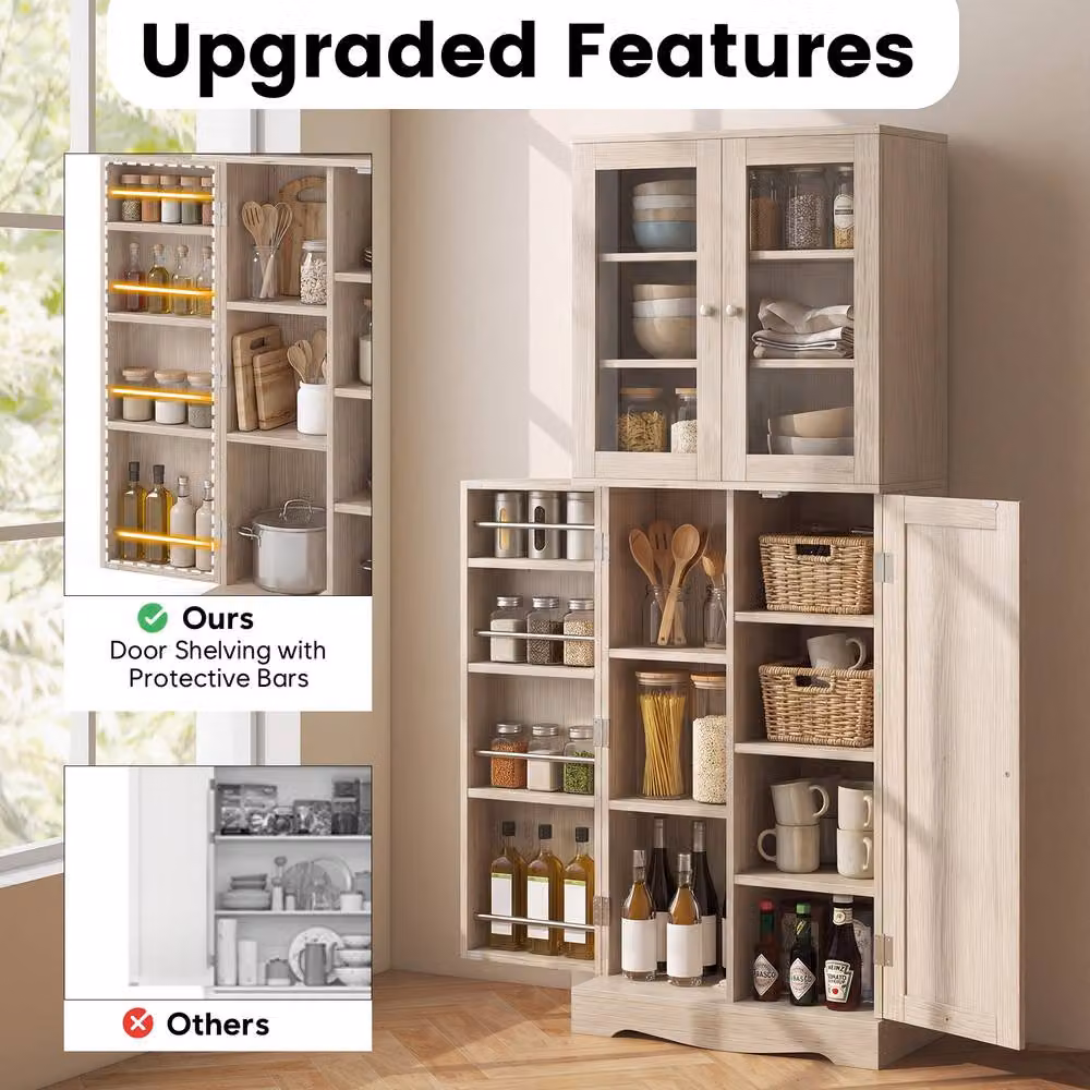 Costway Natural Kitchen Pantry Storage Cabinet with Glass Doors and Internal Shelves – 6