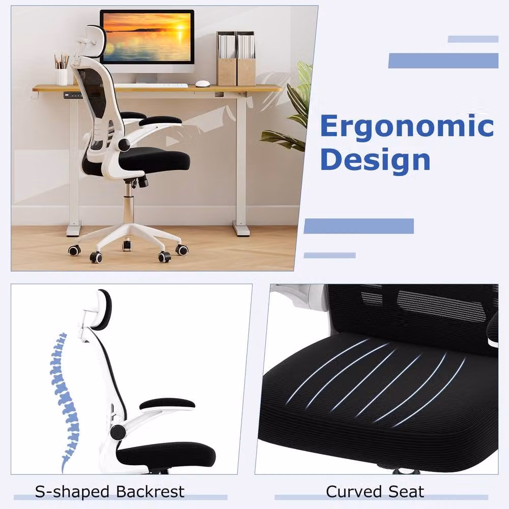 Costway Ergonomic Mesh Office Chair in Black with Headrest, Armrests and Castors – 3