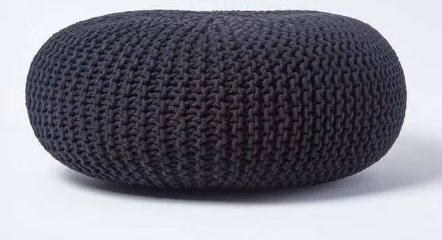 Homescapes Large Round Black Cotton Knitted Pouffe Footstool – 1