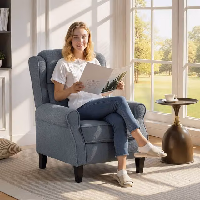 HOMCOM Grey Fabric Push Back Recliner Armchair with Metal Frame – 6