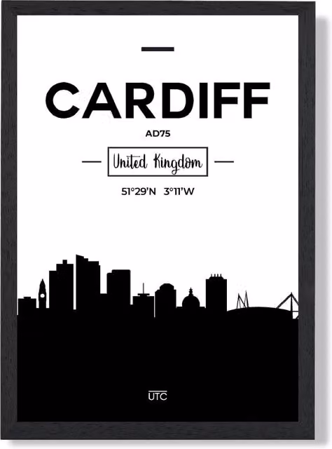 ARTZE Cardiff Black and White City Skyline Framed Photograph Print in Black Frame, A4