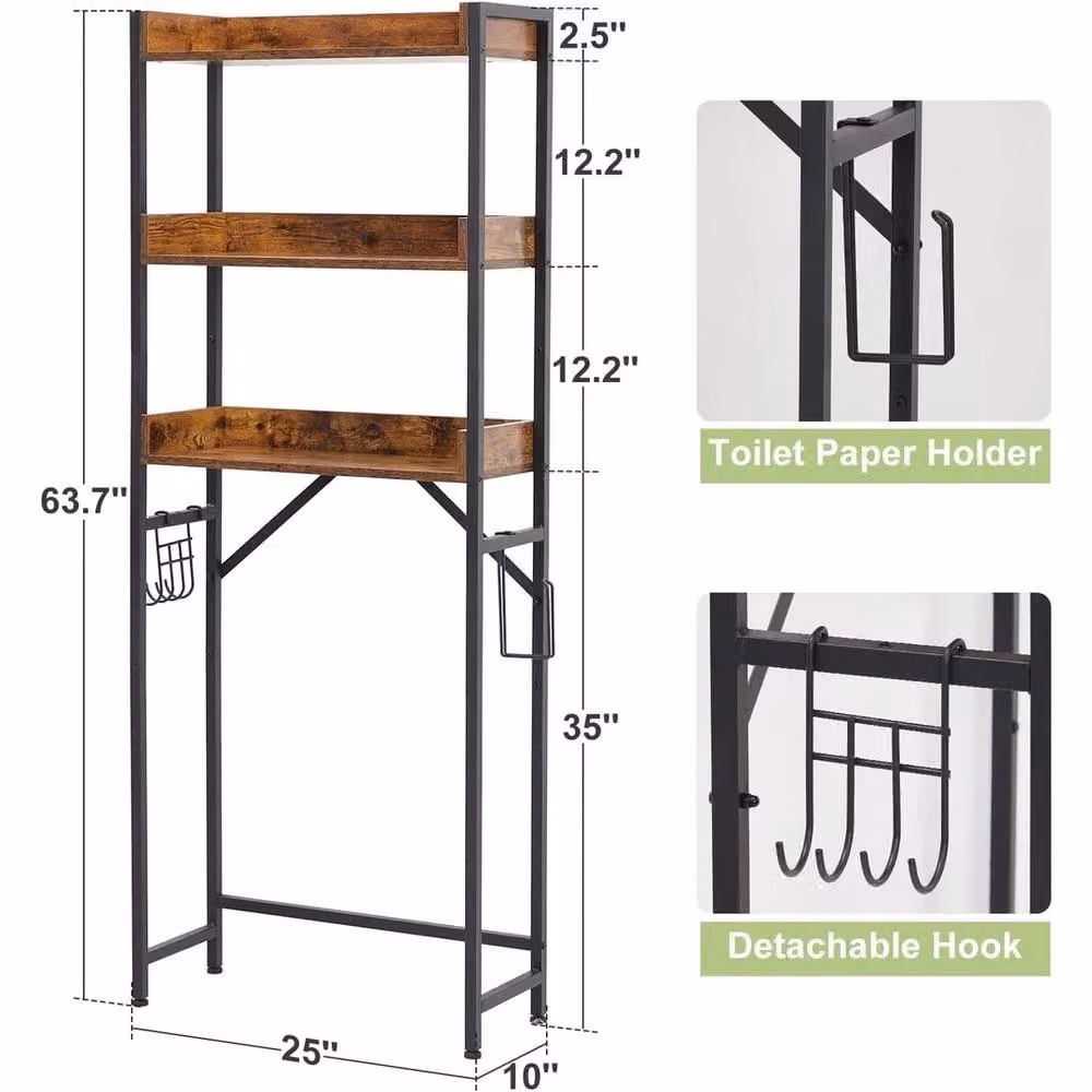 VOGREX 3-Tier Over Toilet Storage Rack, Black Freestanding Metal Bathroom Shelf Organizer – 2