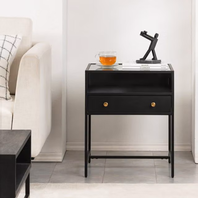MH London Hale Industrial Metal Nightstand with Glass Top in Black