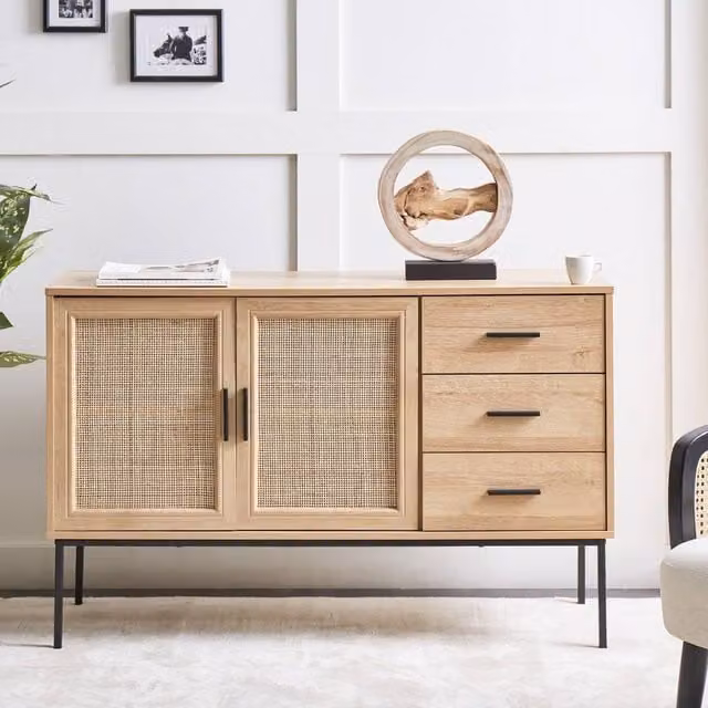 Wyld and Coco 2-Door Sideboard with 3 Drawers in Brown Wood and Black Metal Frame