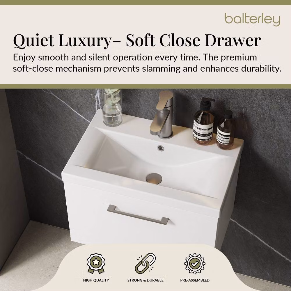 Balterley Gloss White Wall Hung 1 Drawer Vanity Basin Unit with Pewter Handle, Width: 60 cm – 3