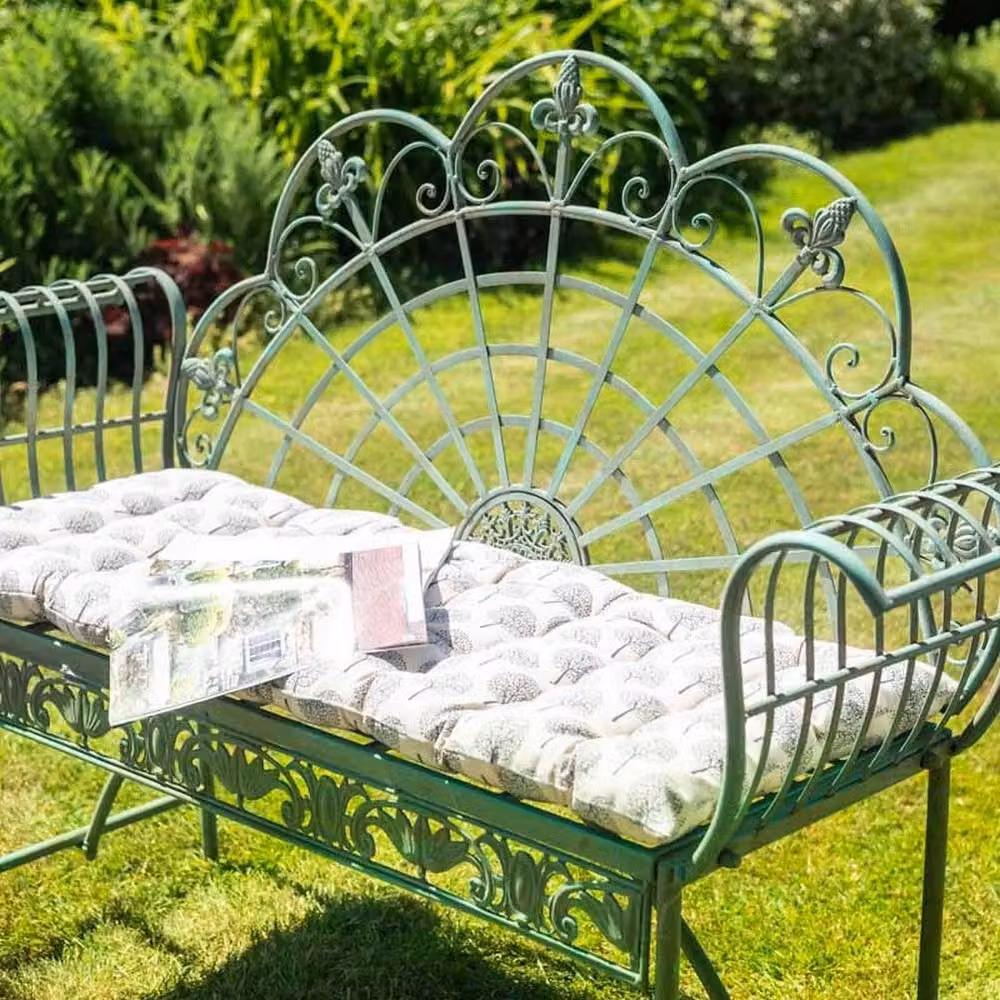 Ascalon Design Ltd Peacock Metal Bench in Green with Floral Design, W: 46 cm, D: 138 cm, H: 102 cm – 3