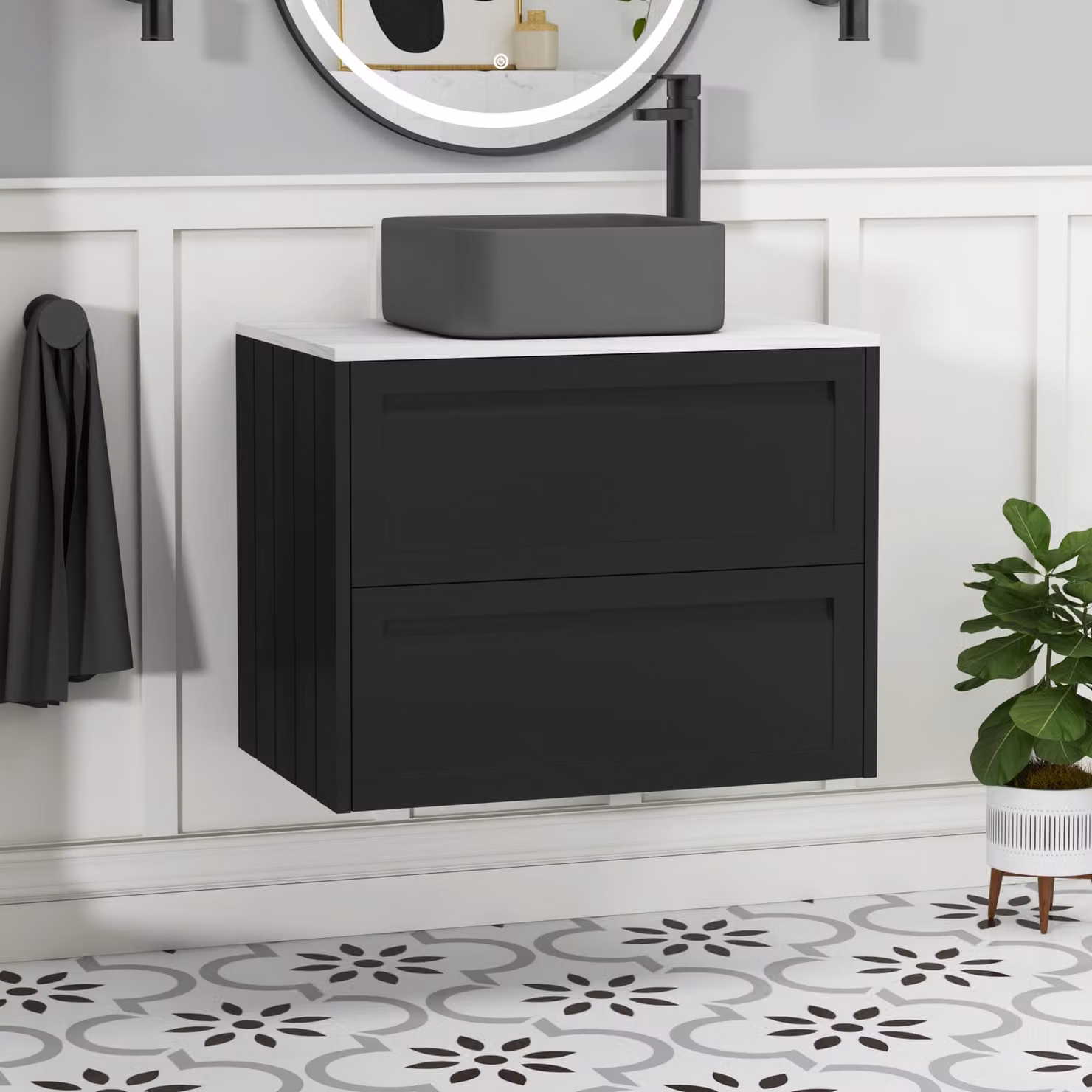 Royal Bathrooms Elmore Wall Hung Vanity Unit with Art Square Basin in Matt Nocturne Black, Width: 70 cm