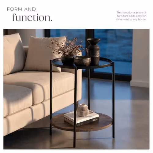 tectake Round Side Table with 2 Shelves and Metal Frame in Black and Brown, Ø 45.5 x H 54.5 cm – 7