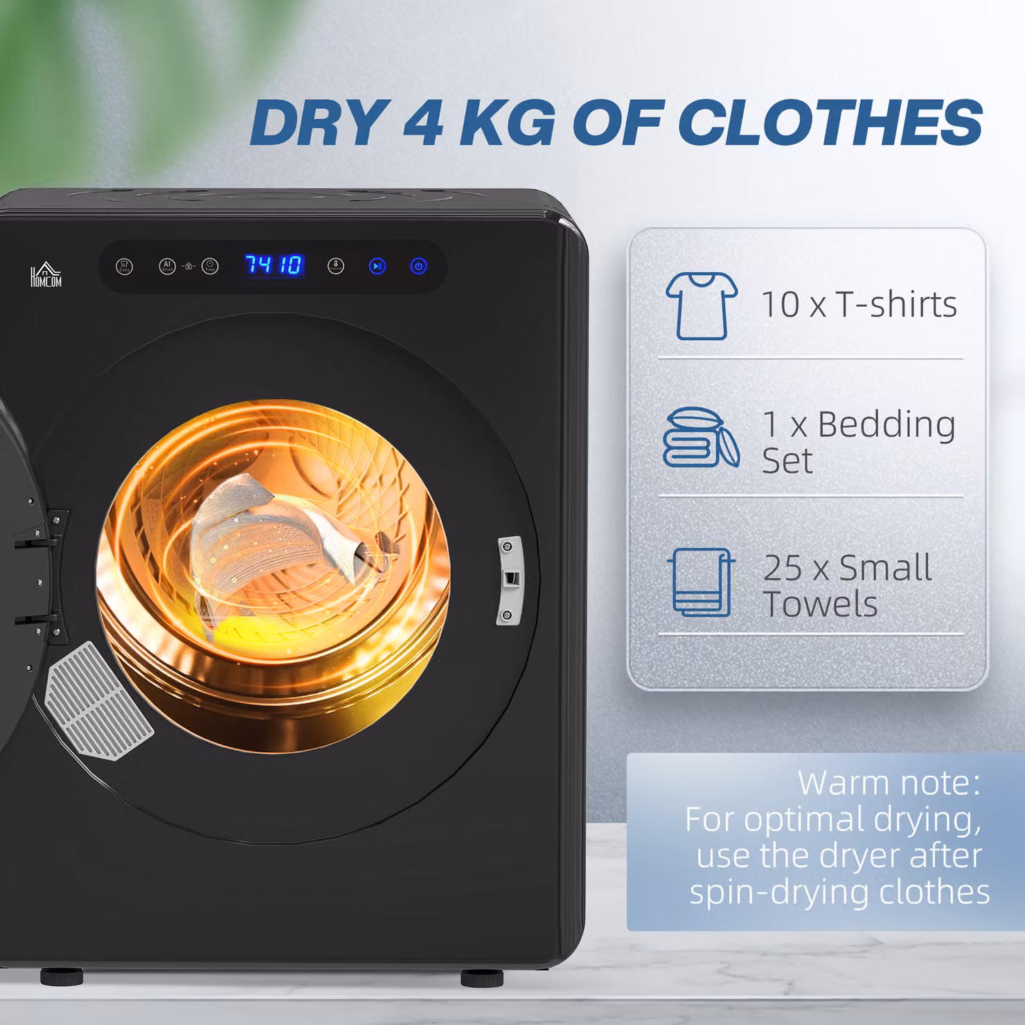 HOMCOM Black Compact Front Loader Tumble Dryer with 4kg Capacity and Reversible Drum – 5