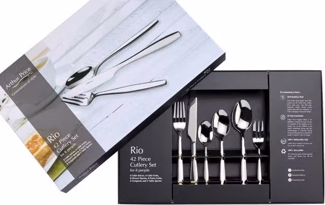 Arthur Price Rio Polished Stainless Steel 42 Piece 8 Person Cutlery Set in Silver