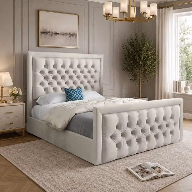 Casani Yvonne Upholstered Velvet Designer Bed Frame in Beige, W/D/H: 137 x 120 x 200 cm – 1