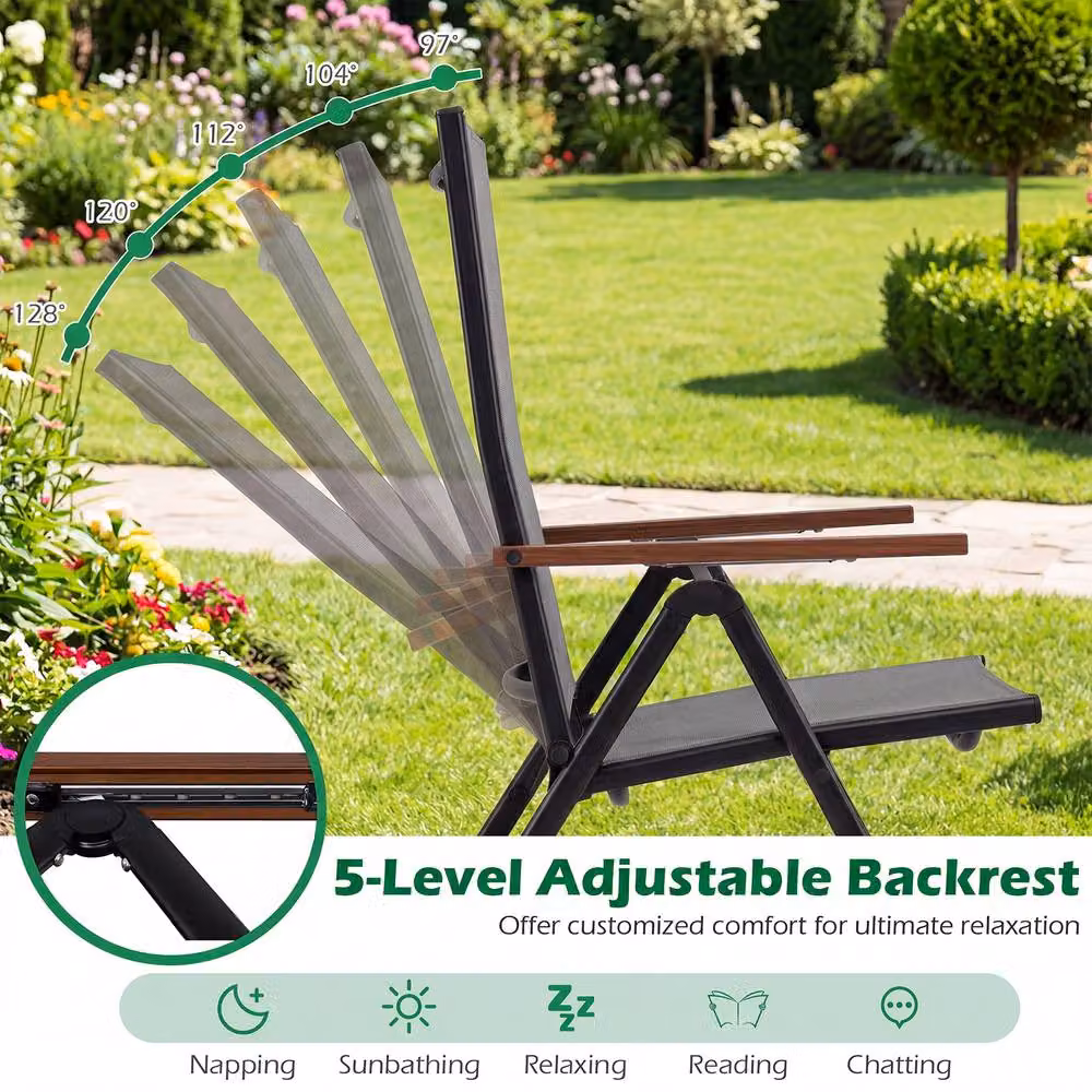 Costway Set of 2 Grey Folding Patio Chairs with 5-Position Backrests and Armrests – 7