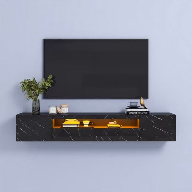 KEEPREAPER Wall-Mounted Modern Marble Finish TV Stand and Storage Cabinet in Black – 1