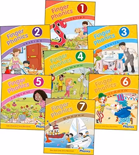 Jolly Phonics Finger Phonics Books 1-7 in Precursive Letters, Multicolour