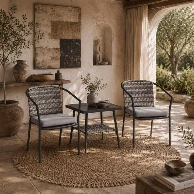 Wyld Haus Midi 3 Piece Bistro Set in Grey Rattan with Glass Table and Striped Cushions – 1