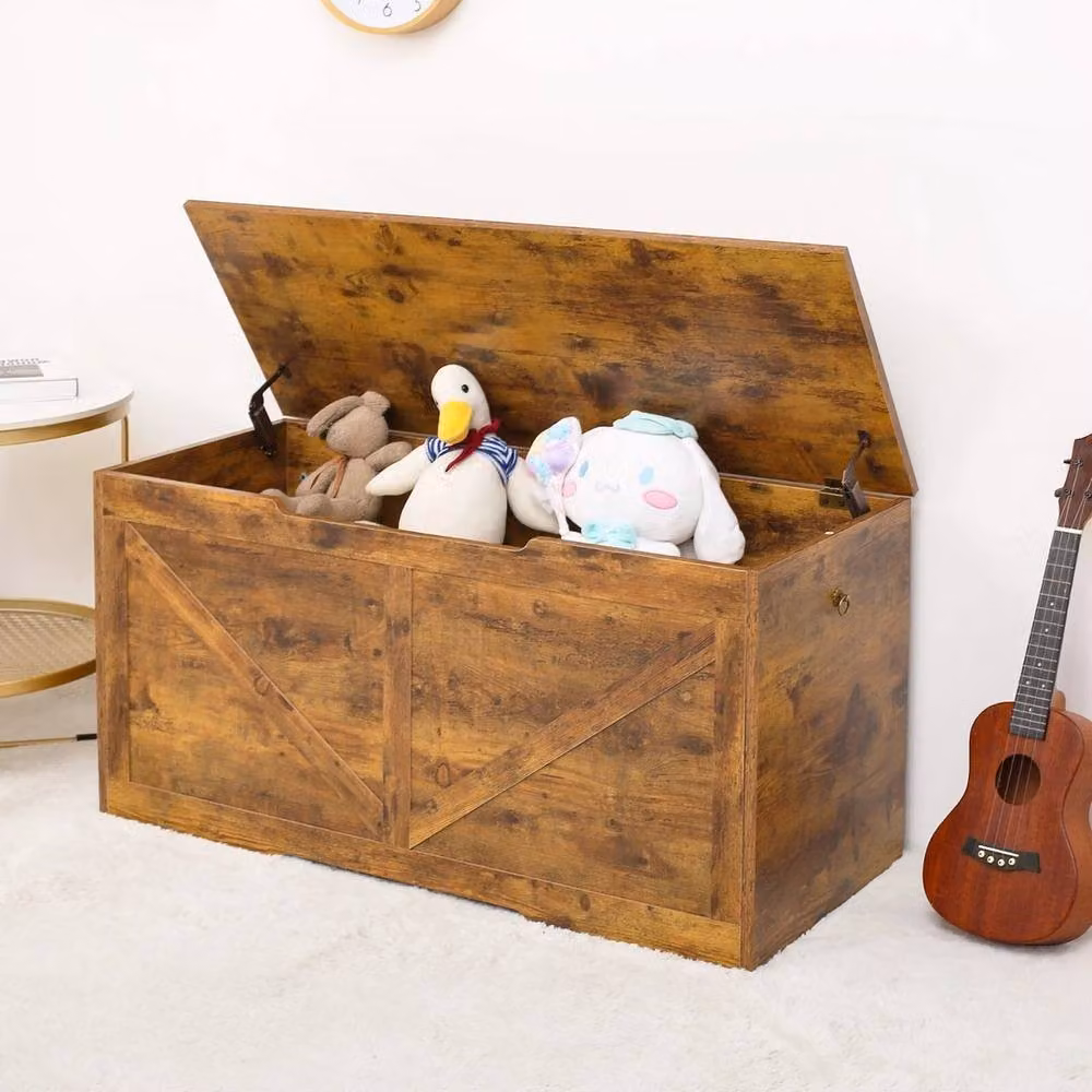 KORVIXA Large Wooden Toy Chest Storage Ottoman in Brown for Childrens Nursery – 2