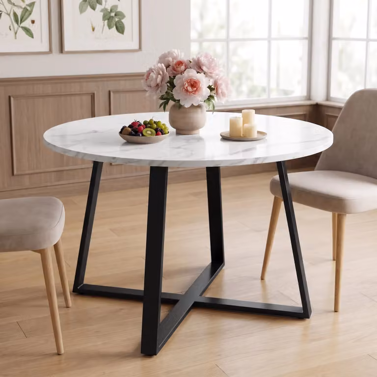 Round White Marble Effect Dining Table with Black Metal X-Frame Legs, Diameter: 110 cm, Height: 75 cm