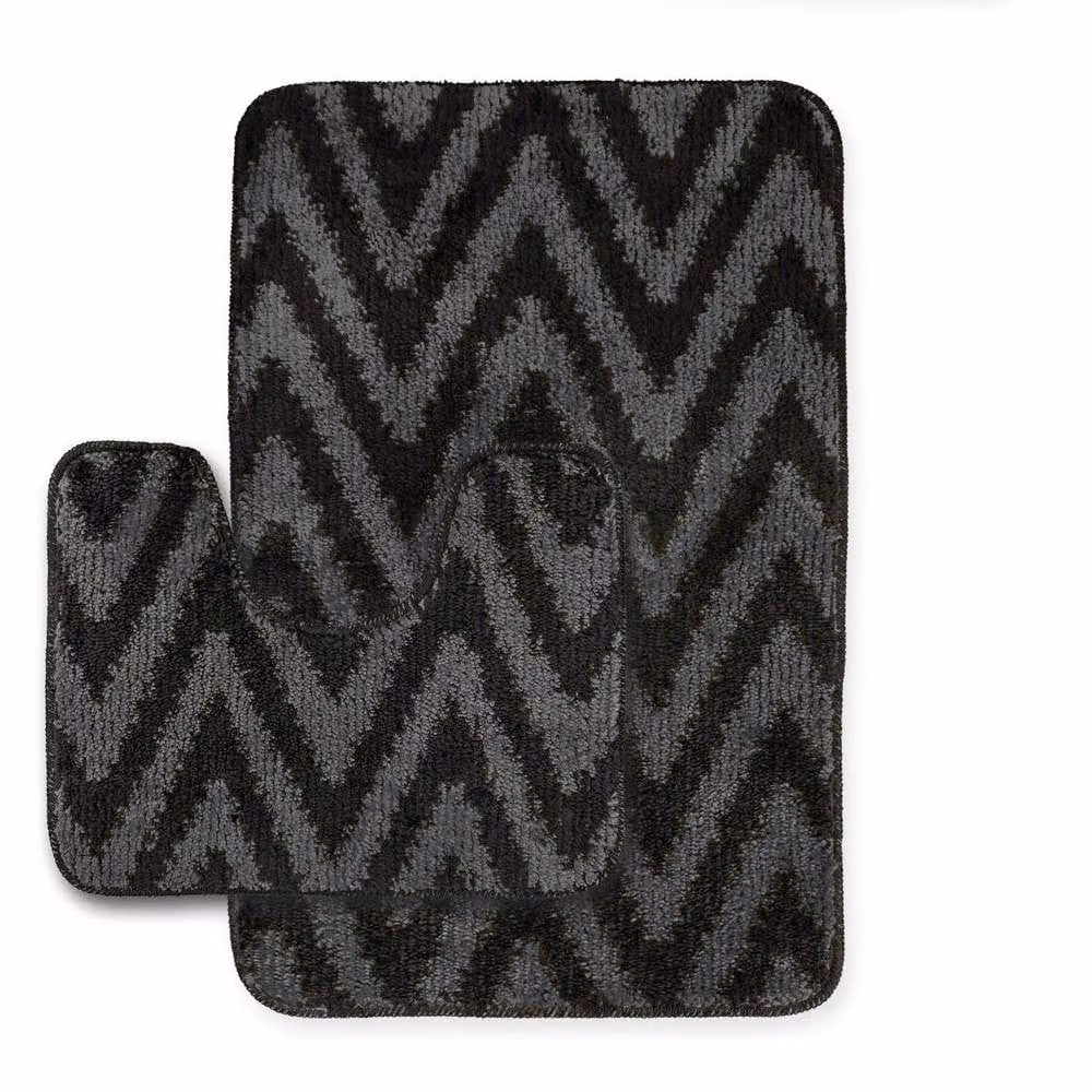 Velosso 2 Piece Chevron Stripe Bath and Pedestal Mat Set in Charcoal Grey – 2