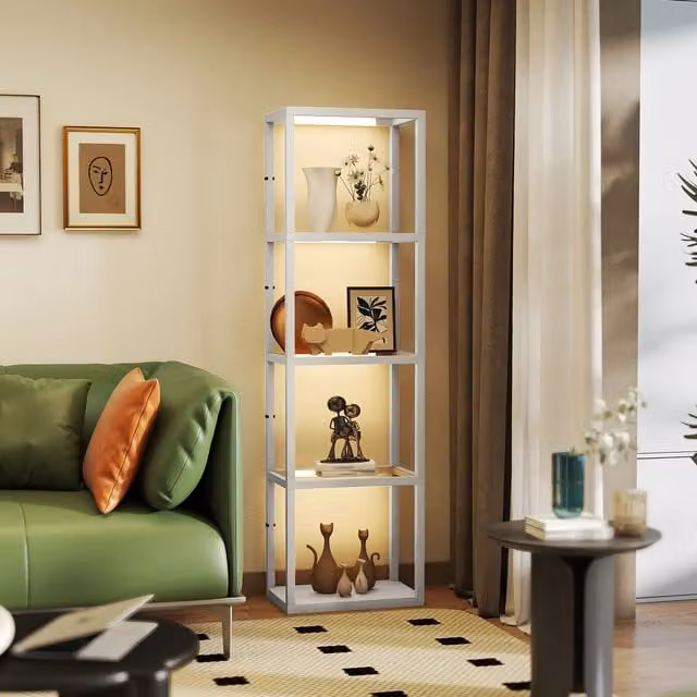 HOMCOM Dimmable LED Floor Lamp with Glass Shelves, Grey