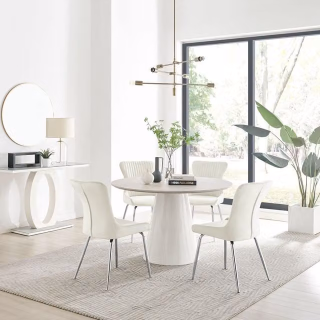 FurnitureboxUK Palma Beige Stone Effect Round Dining Table and 4 Nora Silver Leg Chairs in Cream