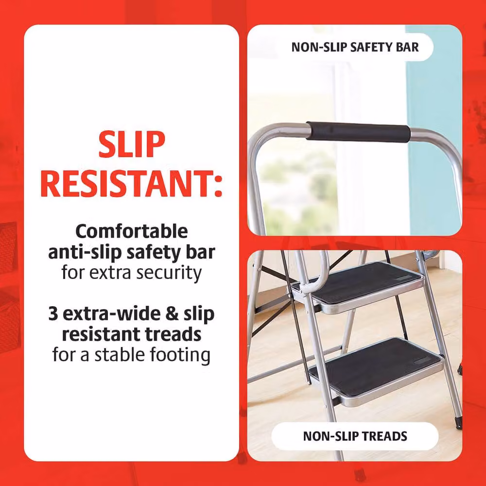 Coopers of Stortford Silver 3-Step Steel Safety Ladder with Handrails, Supports Up to 150kg – 3