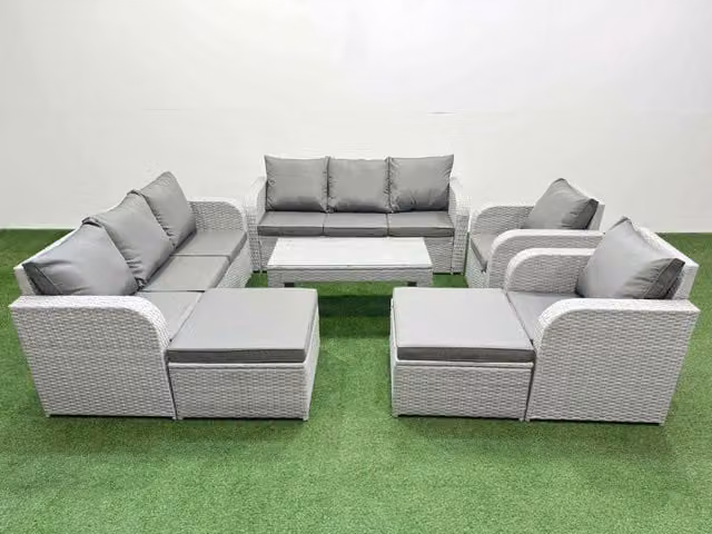Fimous PE Rattan High Back Lounge Sofa Set in Light Grey with 3 Seater Sofa, Reclining Chair, 2 Footstools and Oblong Coffee Table