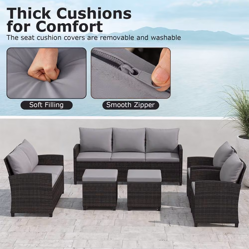 Costway 6-Piece Grey PE Wicker Rattan Patio Furniture Sectional Conversation Set – 5